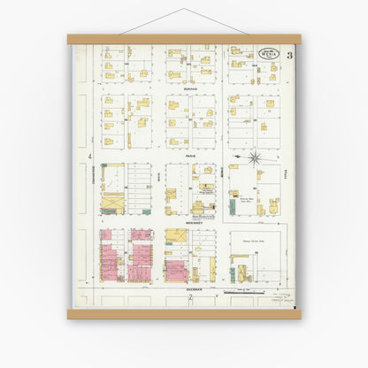 Old map wall art mockup — magnetic wood frame on white wall — Sanborn Fire Insurance Map from Mexia, Limestone County, Texas (1906), Sheet #0003