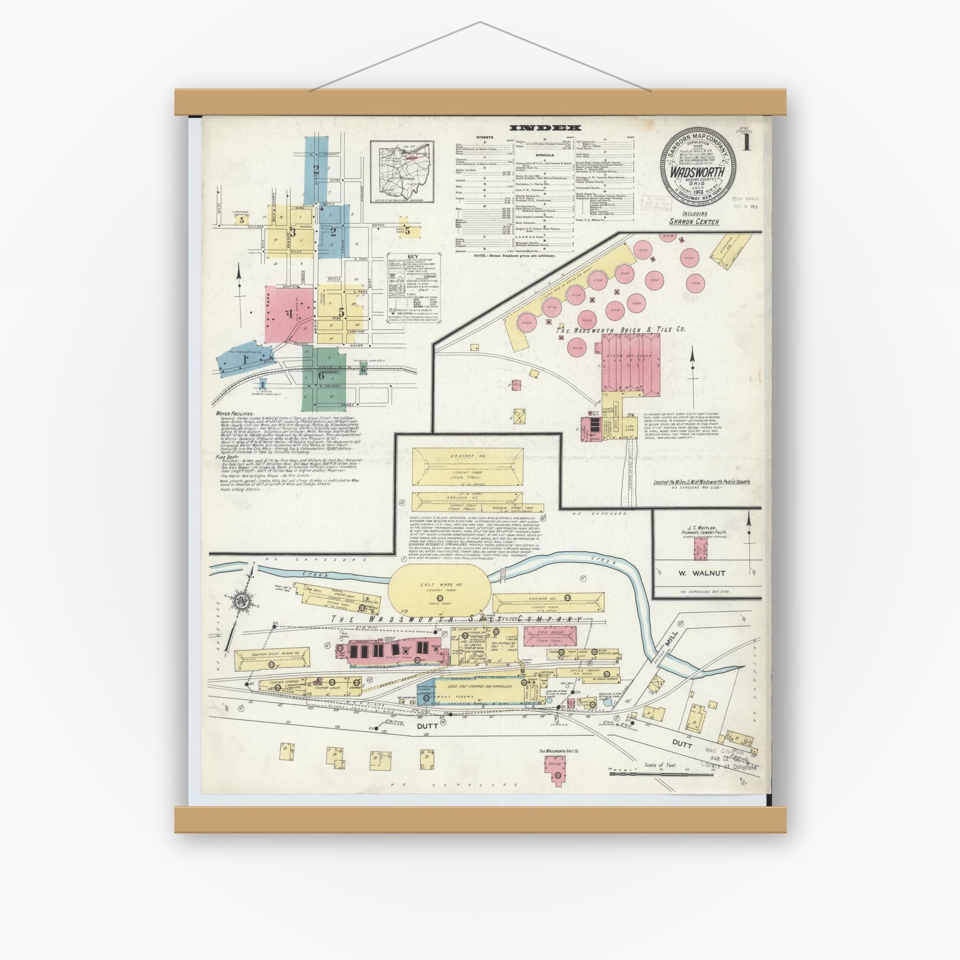 Old map wall art mockup — magnetic wood frame on white wall — Sanborn Fire Insurance Map from Wadsworth, Medina County, Ohio (1913), Sheet #0001