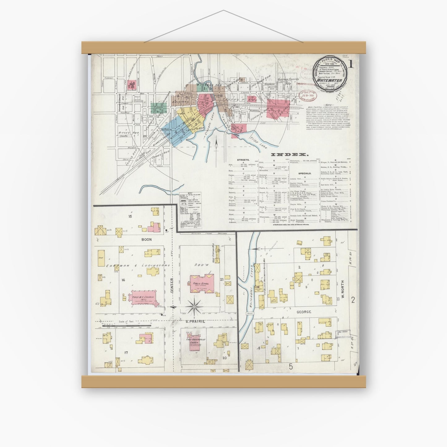Old map wall art mockup — magnetic wood frame on white wall — Sanborn Fire Insurance Map from Whitewater, Walworth County, Wisconsin (1898), Sheet #0001