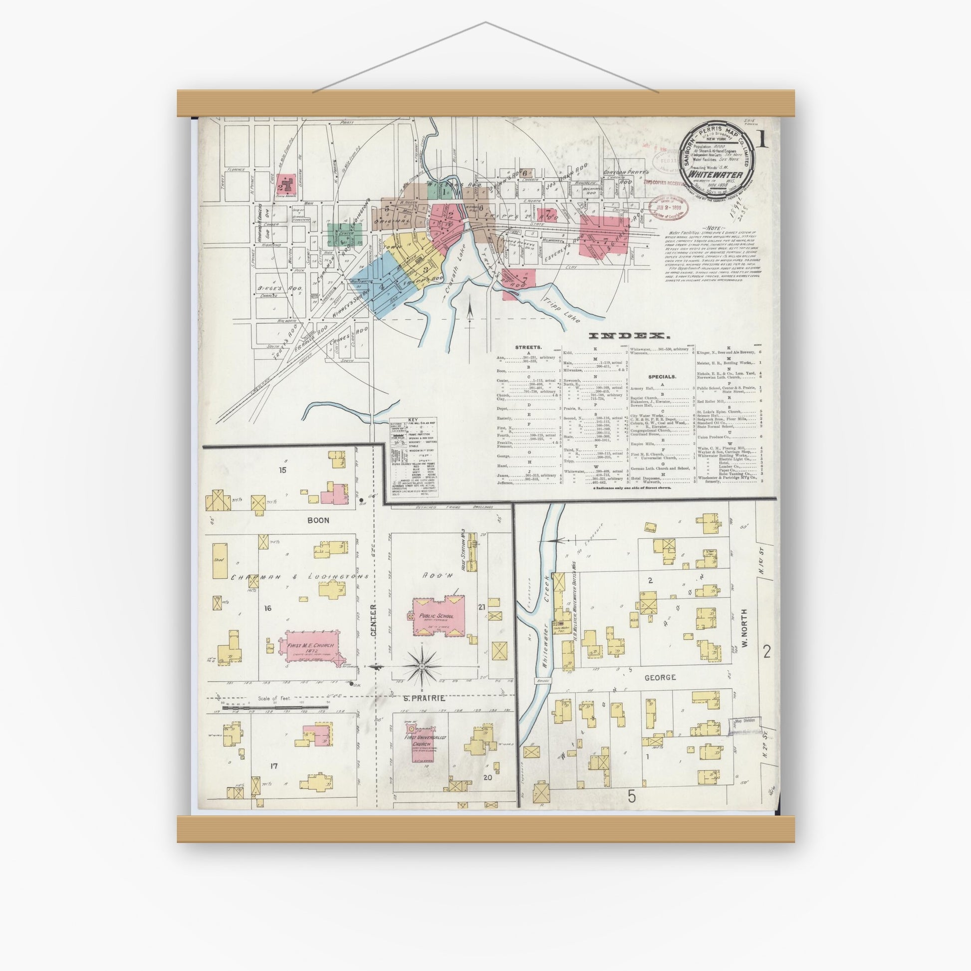 Old map wall art mockup — magnetic wood frame on white wall — Sanborn Fire Insurance Map from Whitewater, Walworth County, Wisconsin (1898), Sheet #0001