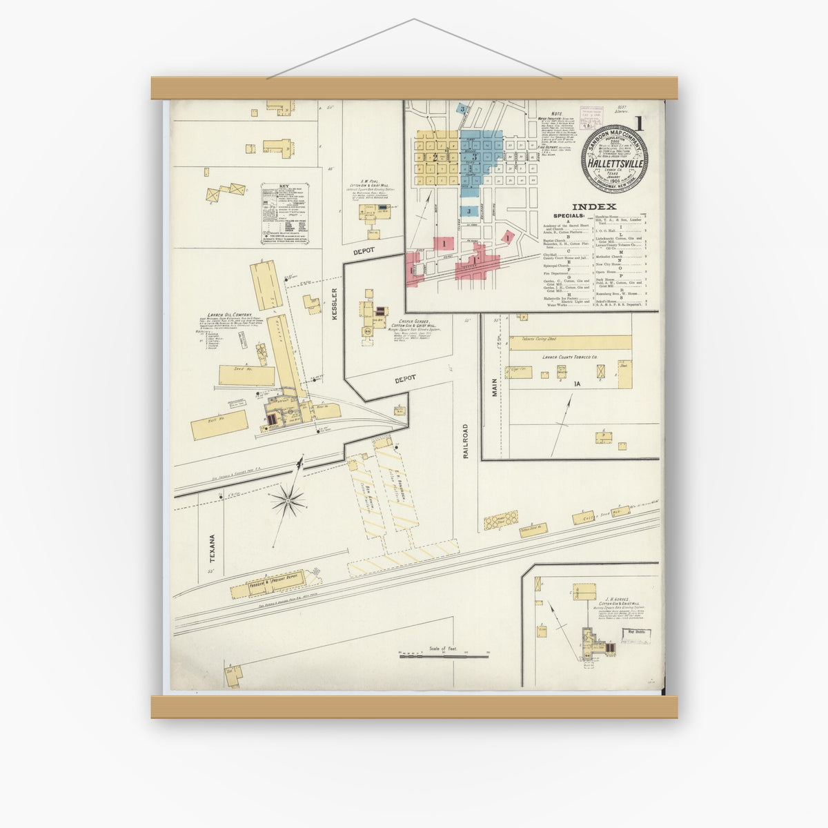 Old map wall art mockup — magnetic wood frame on white wall — Sanborn Fire Insurance Map from Hallettsville, Lavaca County, Texas (1906) - Complete Map Set