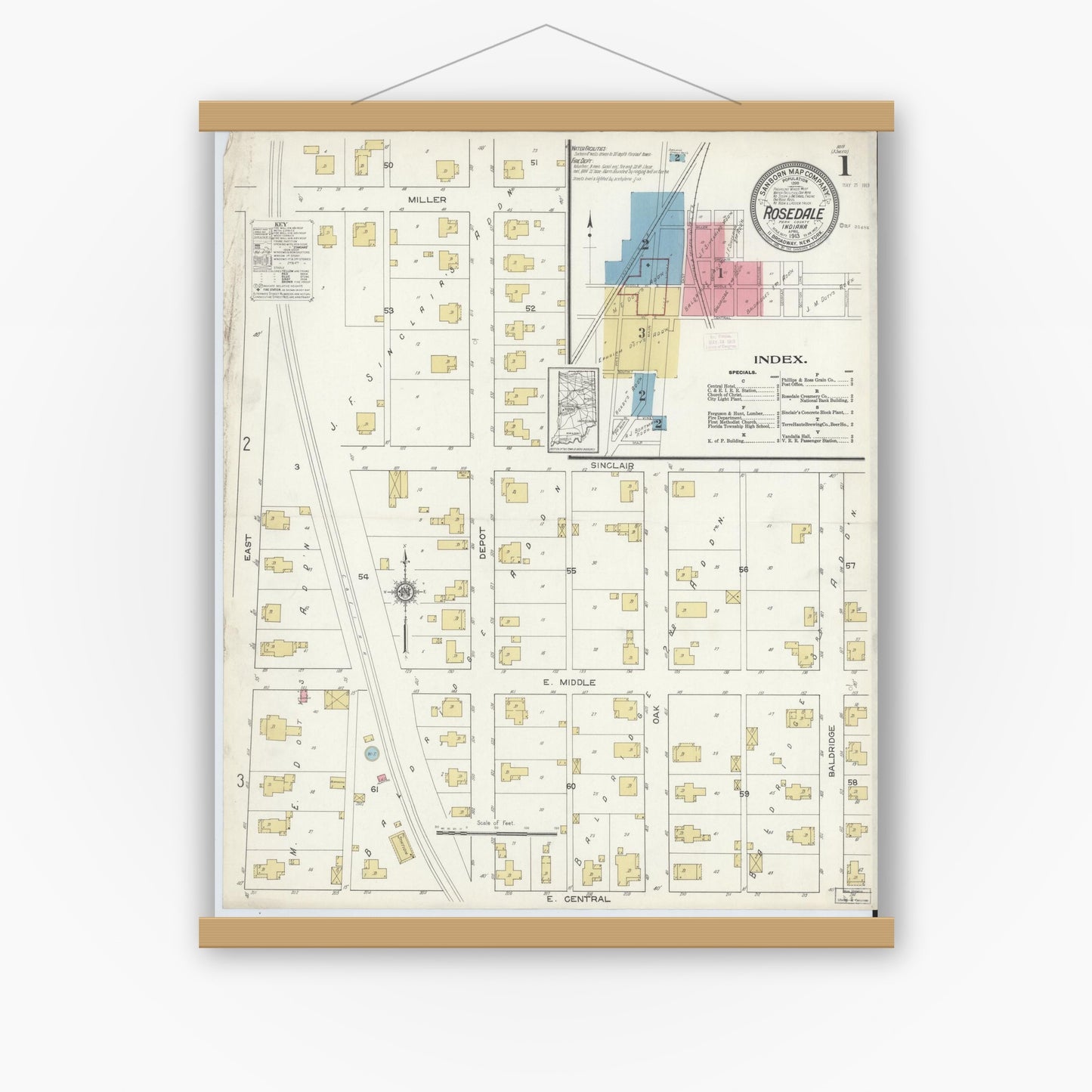 Old map wall art mockup — magnetic wood frame on white wall — Sanborn Fire Insurance Map from Rosedale, Parke County, Indiana (1913) - Complete Map Set