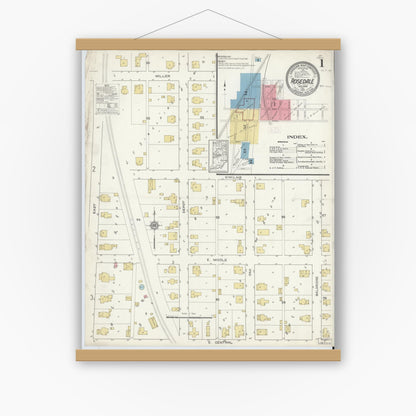 Old map wall art mockup — magnetic wood frame on white wall — Sanborn Fire Insurance Map from Rosedale, Parke County, Indiana (1913) - Complete Map Set