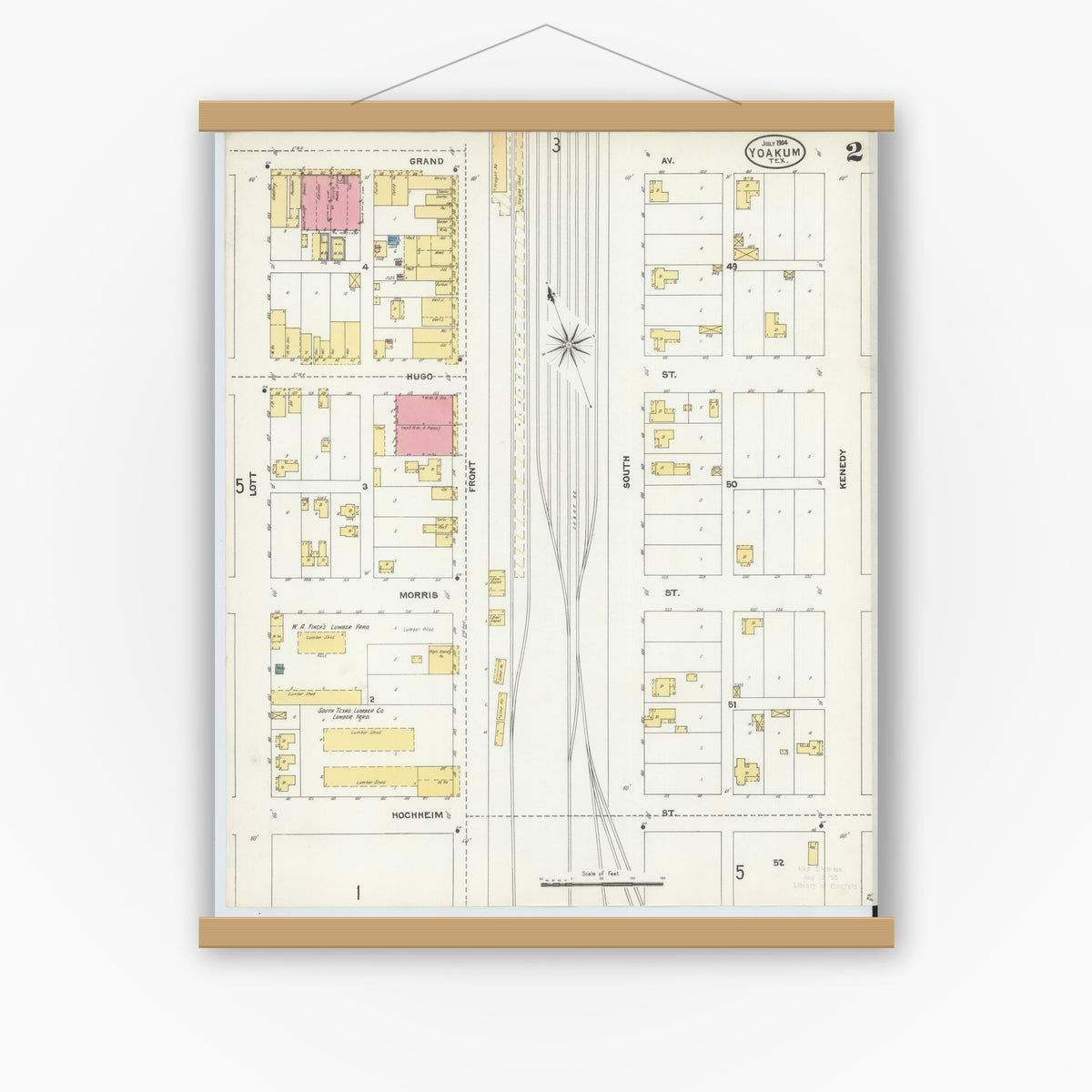 Old map wall art mockup — magnetic wood frame on white wall — Sanborn Fire Insurance Map from Yoakum, De Witt And Lavaca Counties, Texas (1904), Sheet #0002