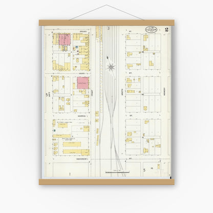 Old map wall art mockup — magnetic wood frame on white wall — Sanborn Fire Insurance Map from Yoakum, De Witt And Lavaca Counties, Texas (1904), Sheet #0002