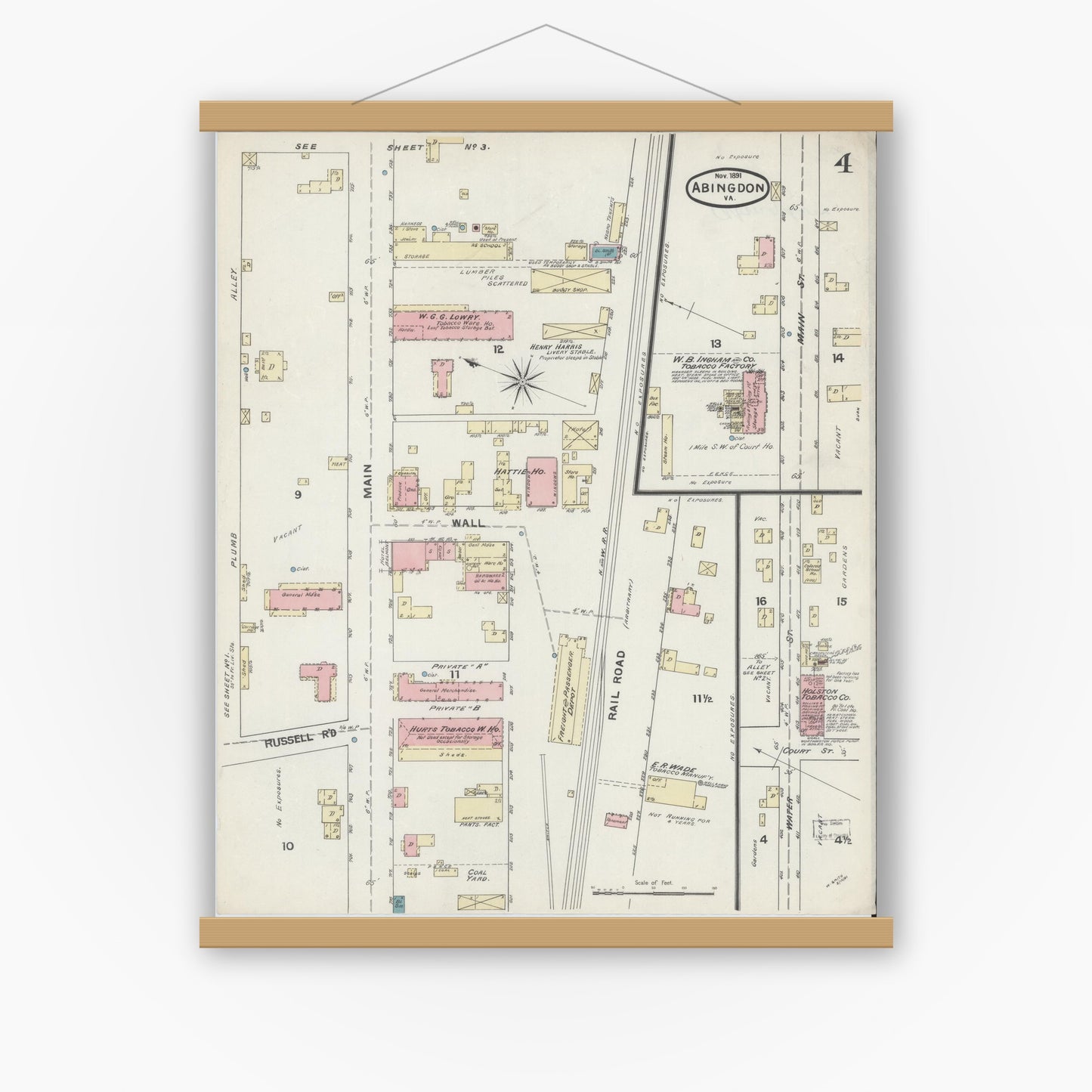 Old map wall art mockup — magnetic wood frame on white wall — Sanborn Fire Insurance Map from Abingdon, Washington County, Virginia (1891), Sheet #0004
