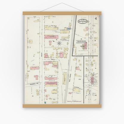 Old map wall art mockup — magnetic wood frame on white wall — Sanborn Fire Insurance Map from Abingdon, Washington County, Virginia (1891), Sheet #0004
