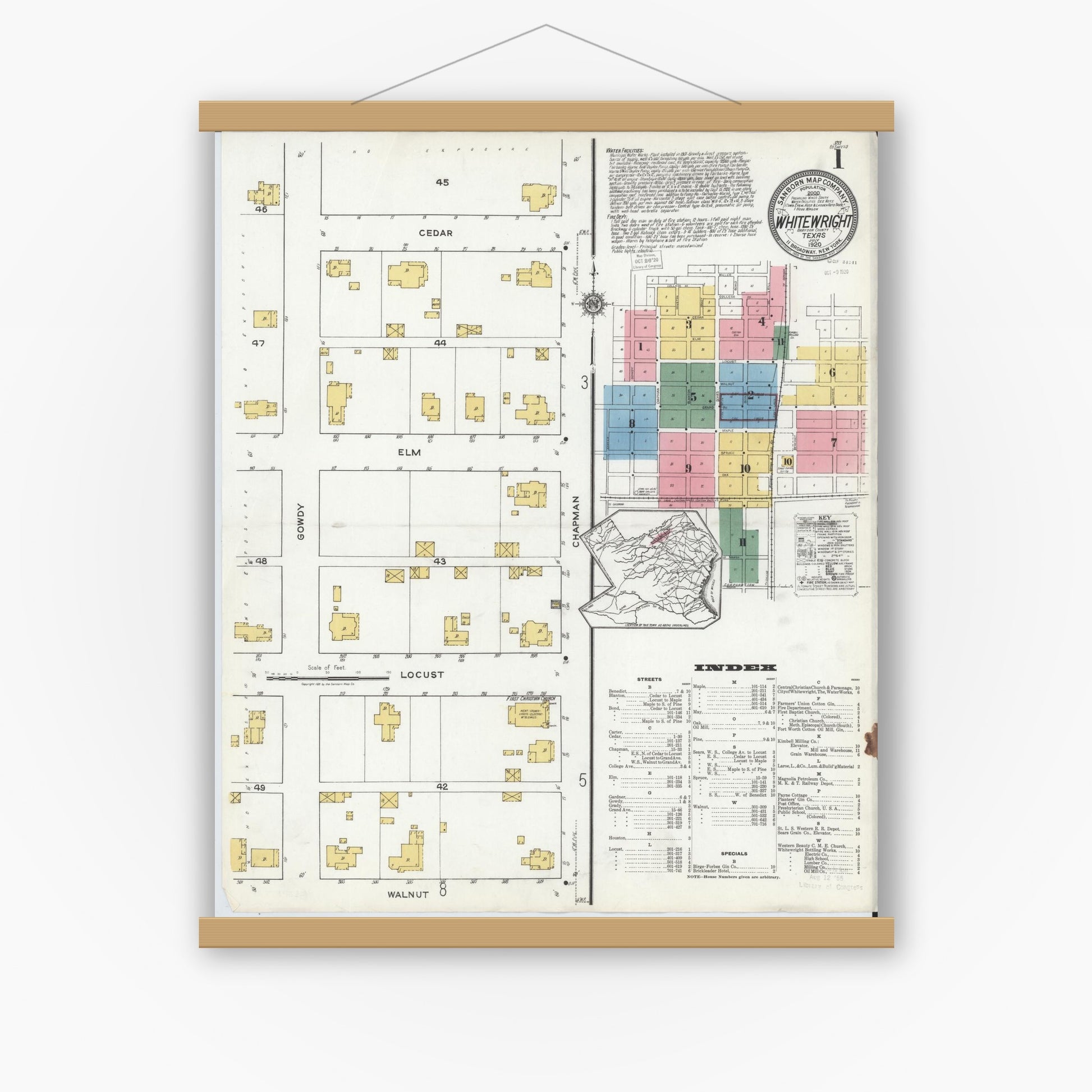 Old map wall art mockup — magnetic wood frame on white wall — Sanborn Fire Insurance Map from Whitewright, Grayson County, Texas (1920), Sheet #0001