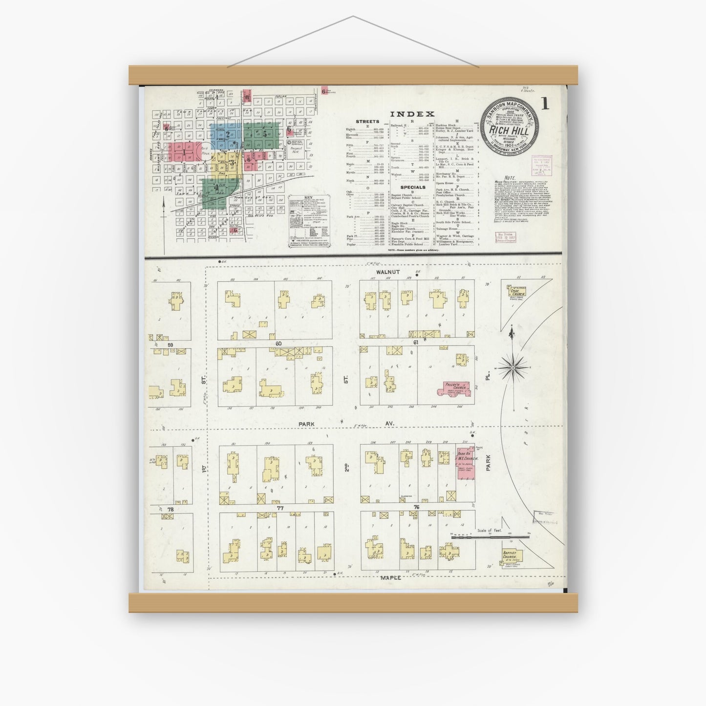 Old map wall art mockup — magnetic wood frame on white wall — Sanborn Fire Insurance Map from Rich Hill, Bates County, Missouri (1906) - Complete Map Set