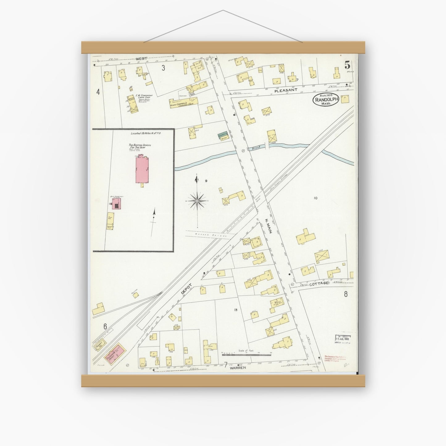 Old map wall art mockup — magnetic wood frame on white wall — Sanborn Fire Insurance Map from Randolph, Norfolk County, Massachusetts (1909), Sheet #0005