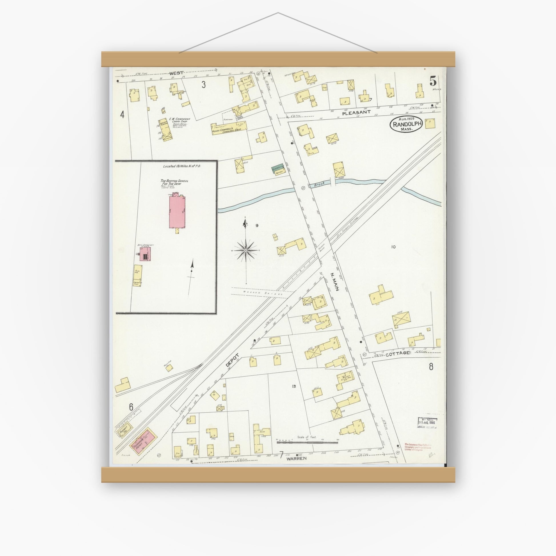 Old map wall art mockup — magnetic wood frame on white wall — Sanborn Fire Insurance Map from Randolph, Norfolk County, Massachusetts (1909), Sheet #0005