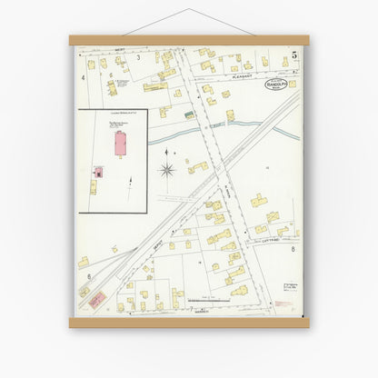 Old map wall art mockup — magnetic wood frame on white wall — Sanborn Fire Insurance Map from Randolph, Norfolk County, Massachusetts (1909), Sheet #0005