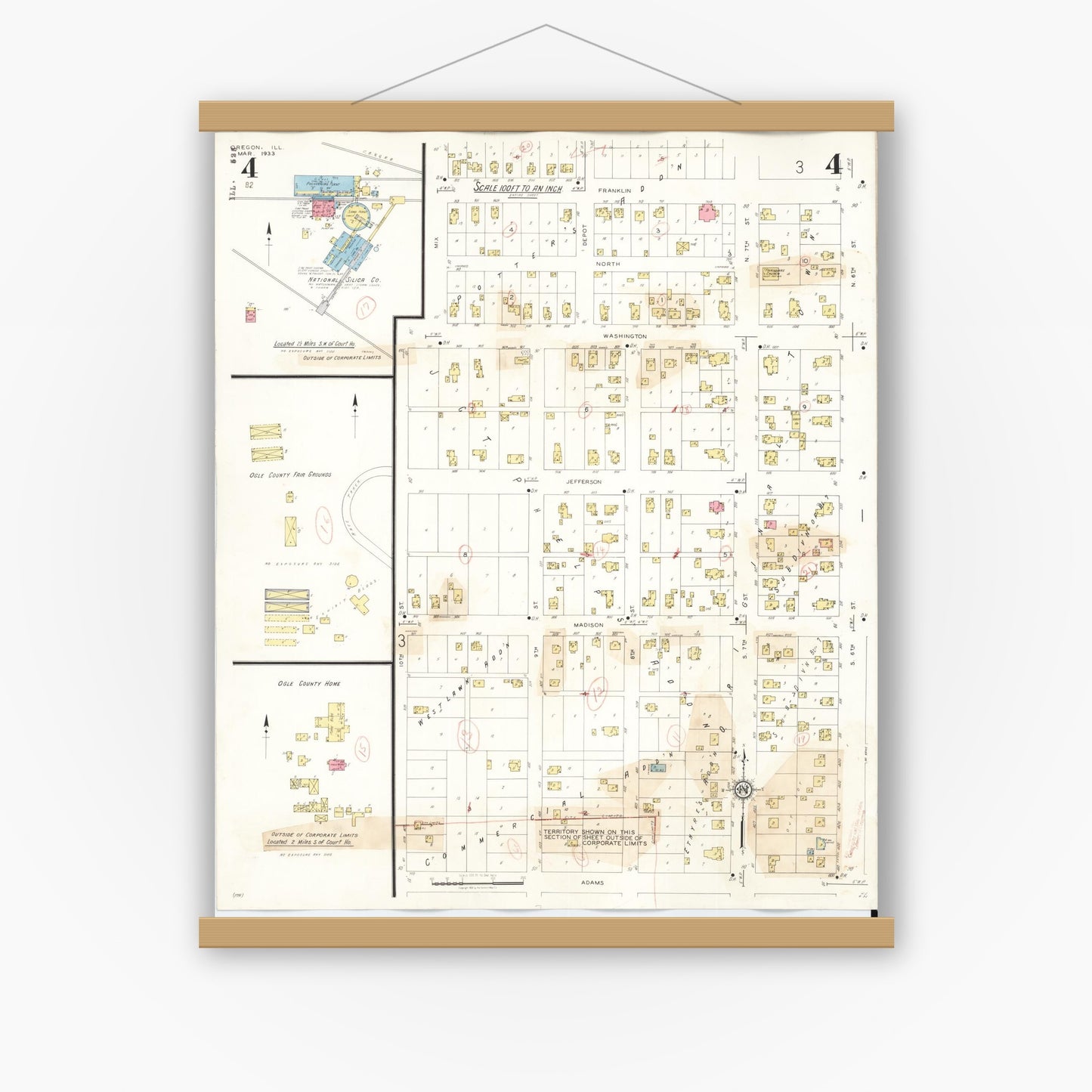 Old map wall art mockup — magnetic wood frame on white wall — Sanborn Fire Insurance Map from Oregon, Ogle County, Illinois (1943), Sheet #0004