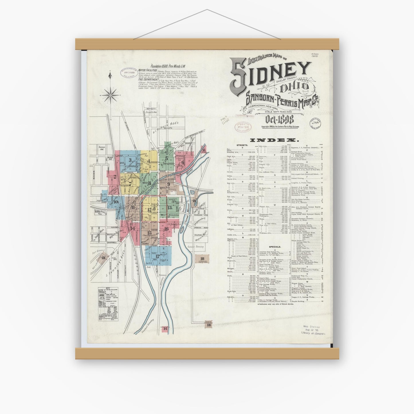 Old map wall art mockup — magnetic wood frame on white wall — Sanborn Fire Insurance Map from Sidney, Shelby County, Ohio (1898), Sheet #0001