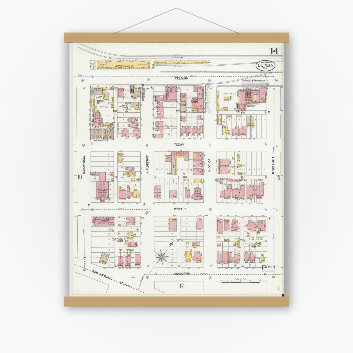 Old map wall art mockup — magnetic wood frame on white wall — Sanborn Fire Insurance Map from El Paso, El Paso County, Texas (1900), Sheet #0014