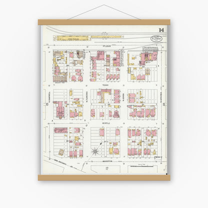 Old map wall art mockup — magnetic wood frame on white wall — Sanborn Fire Insurance Map from El Paso, El Paso County, Texas (1900), Sheet #0014