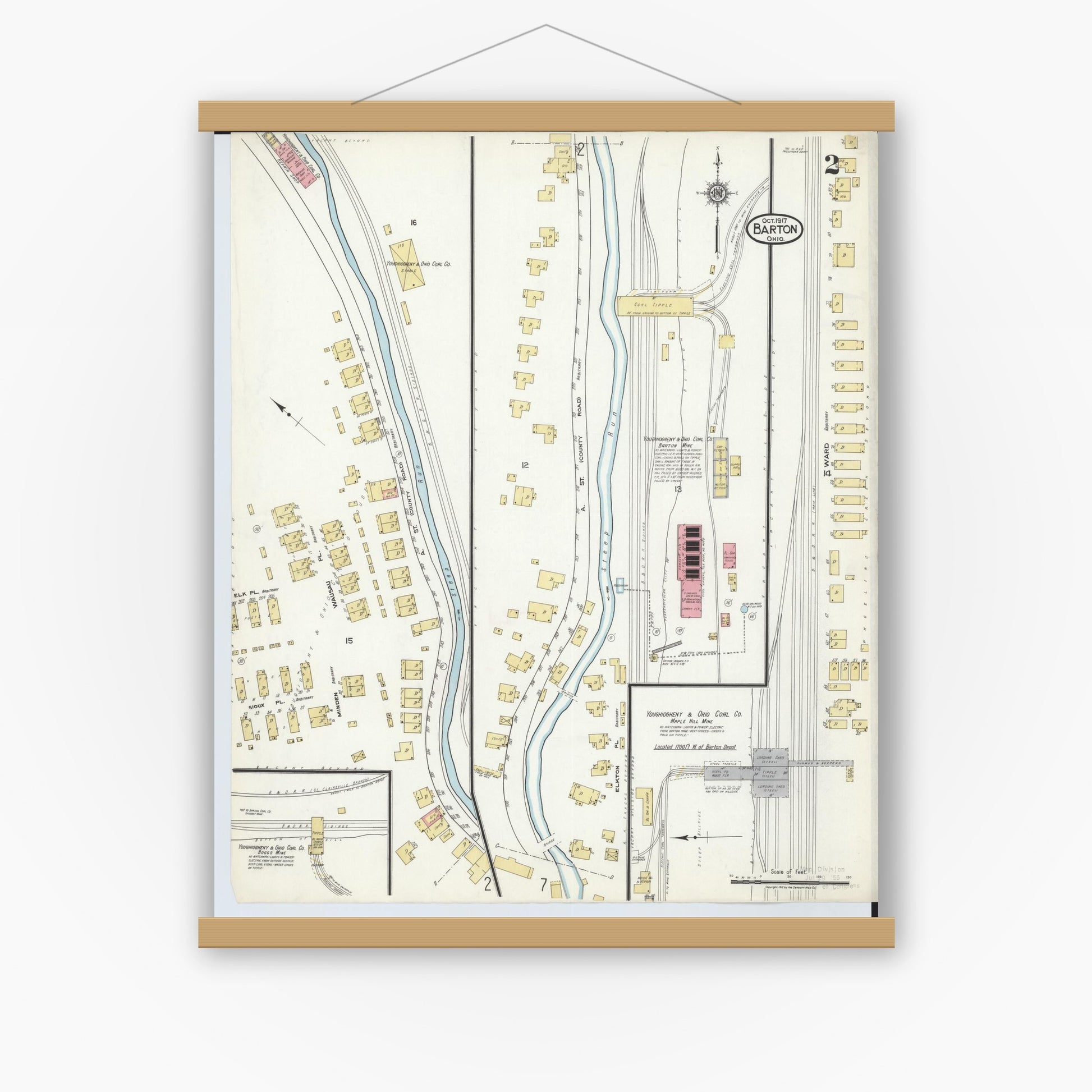 Old map wall art mockup — magnetic wood frame on white wall — Sanborn Fire Insurance Map from Barton, Belmont County, Ohio (1917), Sheet #0002