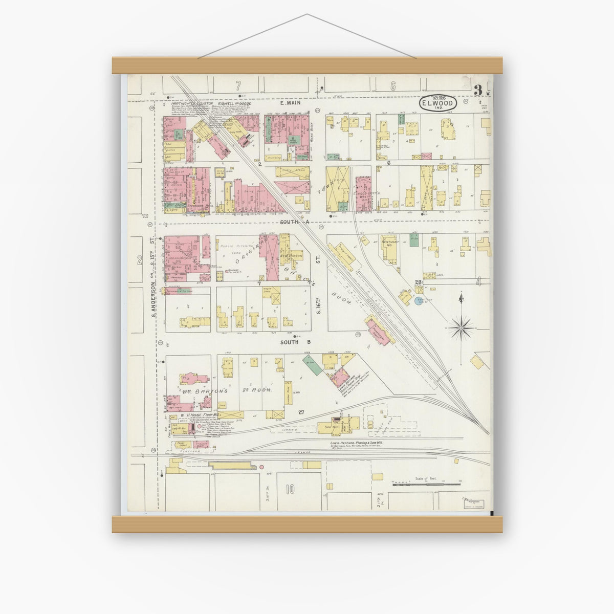 Old map wall art mockup — magnetic wood frame on white wall — Sanborn Fire Insurance Map from Elwood, Madison County, Indiana (1895), Sheet #0003