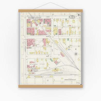 Old map wall art mockup — magnetic wood frame on white wall — Sanborn Fire Insurance Map from Elwood, Madison County, Indiana (1895), Sheet #0003