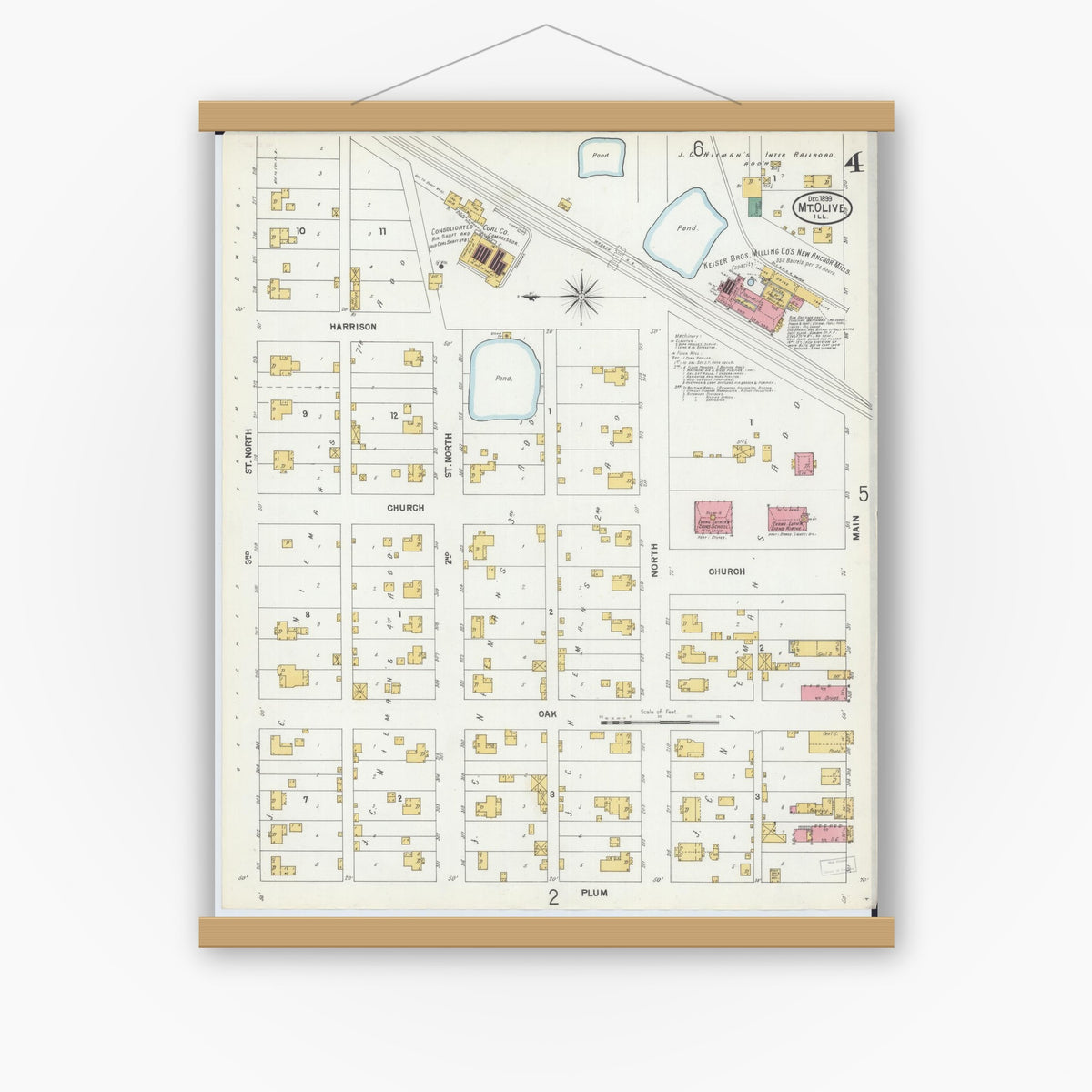 Old map wall art mockup — magnetic wood frame on white wall — Sanborn Fire Insurance Map from Mount Olive, Macoupin County, Illinois (1899), Sheet #0004