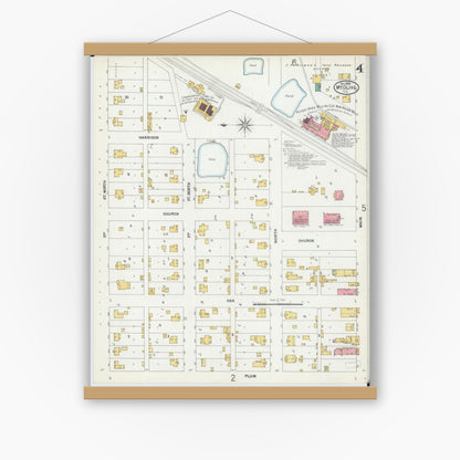 Old map wall art mockup — magnetic wood frame on white wall — Sanborn Fire Insurance Map from Mount Olive, Macoupin County, Illinois (1899), Sheet #0004