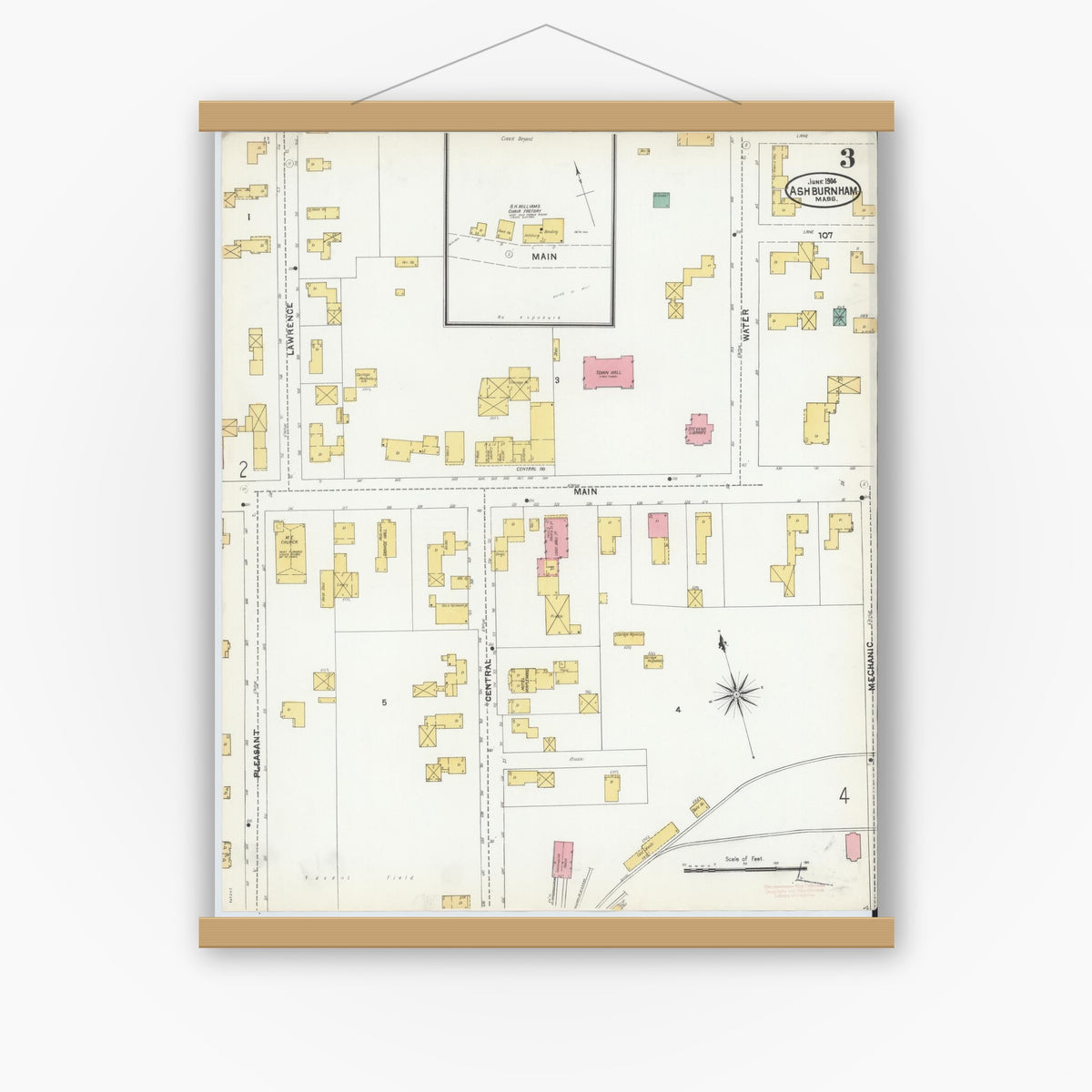 Old map wall art mockup — magnetic wood frame on white wall — Sanborn Fire Insurance Map from Ashburnham, Worcester County, Massachusetts (1904), Sheet #0003