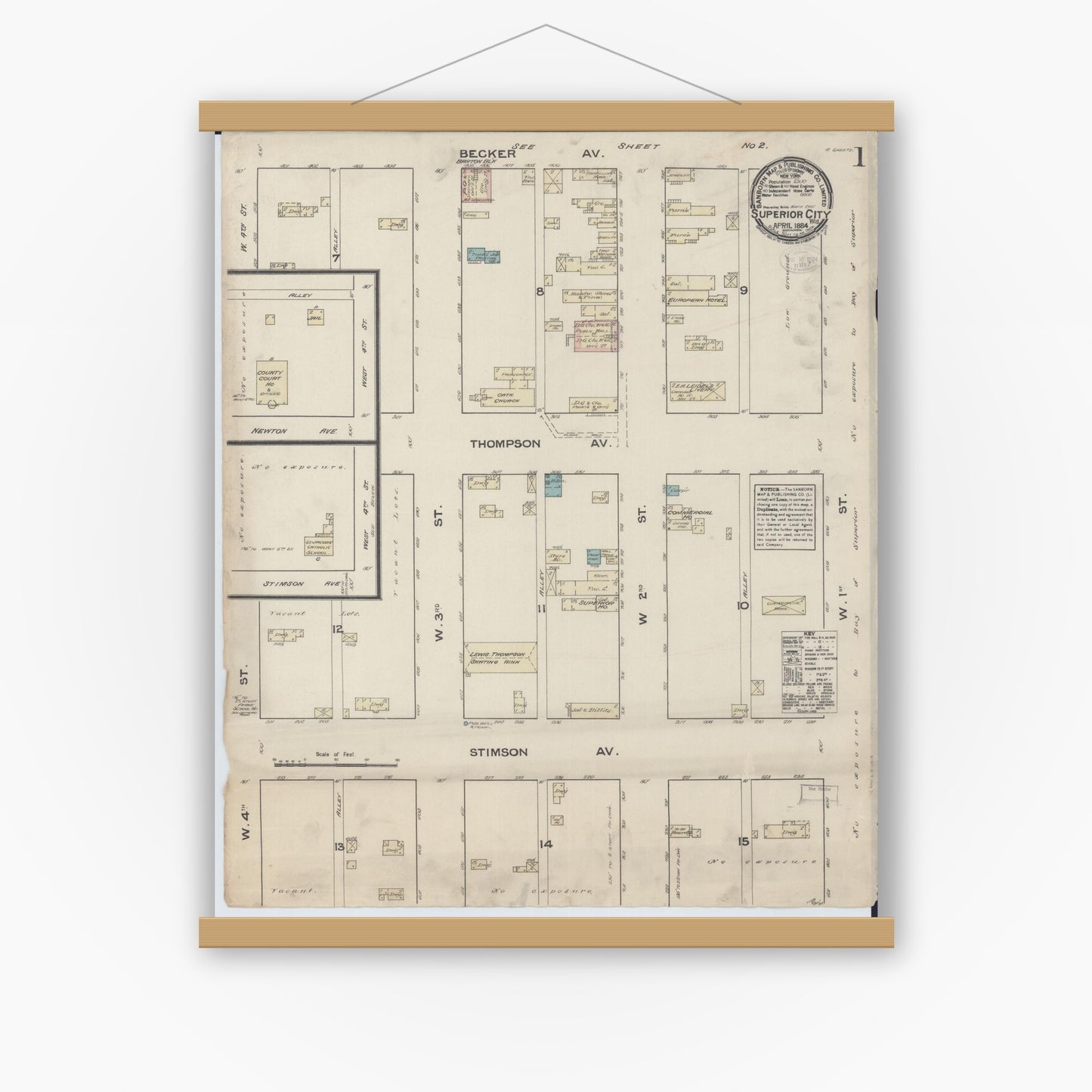 Old map wall art mockup — magnetic wood frame on white wall — Sanborn Fire Insurance Map from Superior, Douglas County, Wisconsin (1884), Sheet #0001
