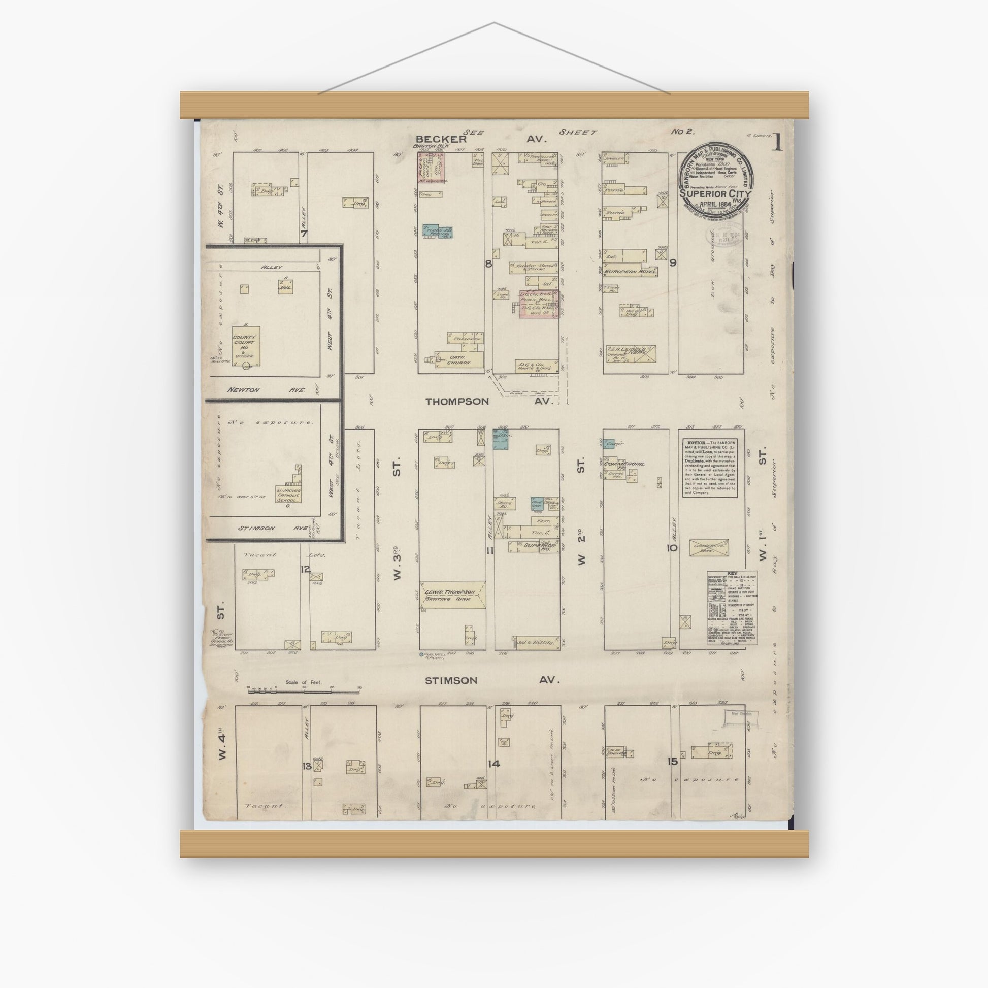 Old map wall art mockup — magnetic wood frame on white wall — Sanborn Fire Insurance Map from Superior, Douglas County, Wisconsin (1884), Sheet #0001