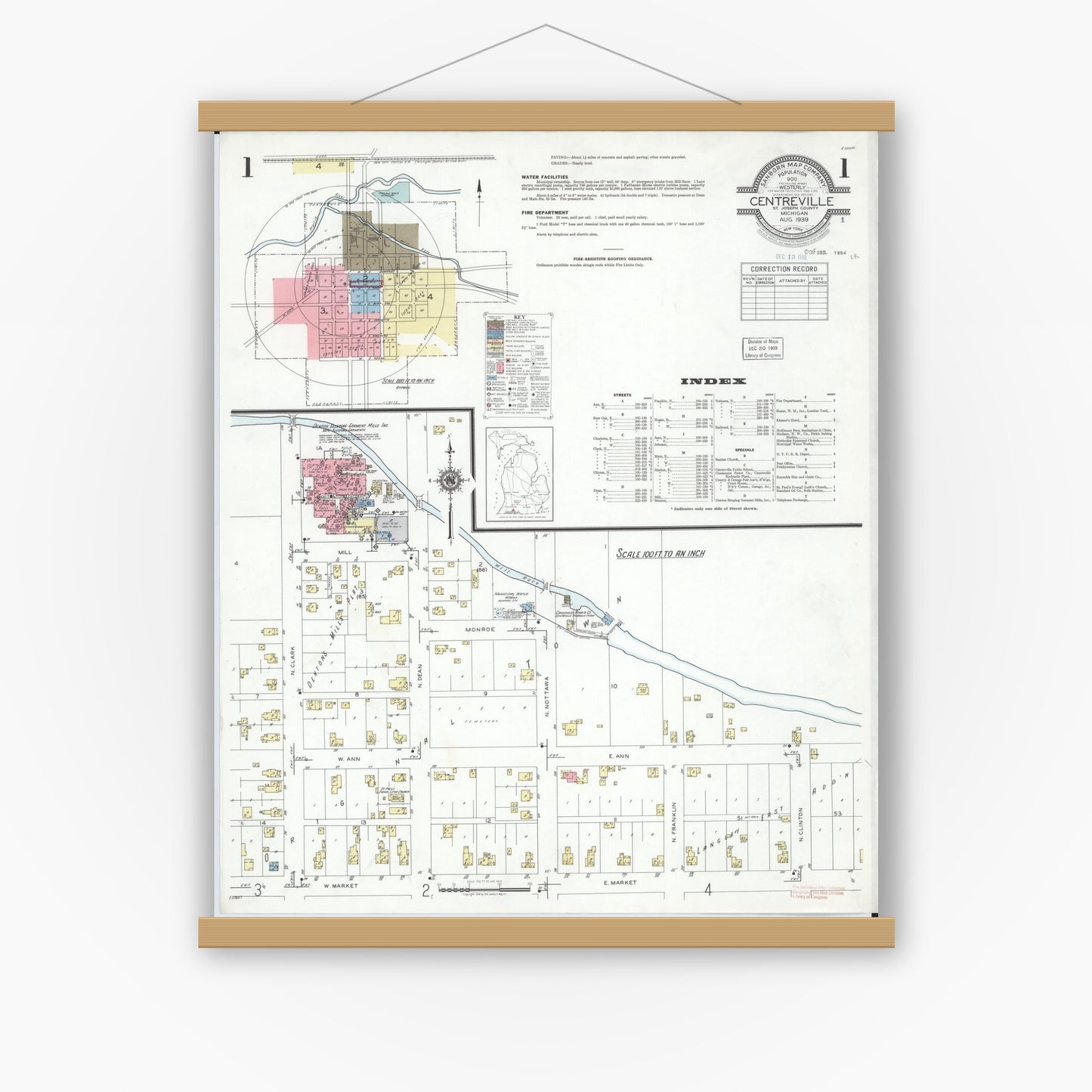 Old map wall art mockup — magnetic wood frame on white wall — Sanborn Fire Insurance Map from Centreville, Saint Joseph County, Michigan (1939) - Complete Map Set