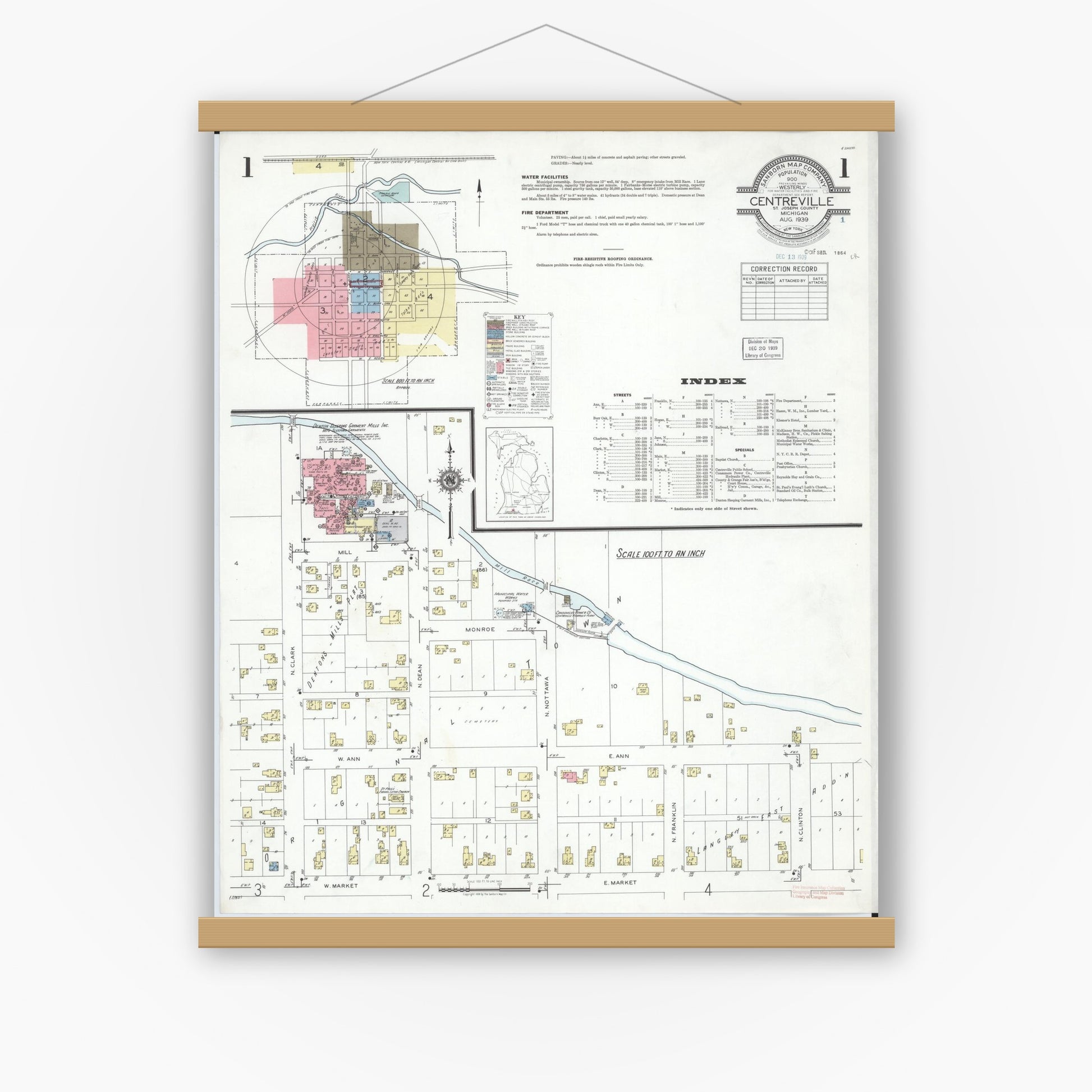 Old map wall art mockup — magnetic wood frame on white wall — Sanborn Fire Insurance Map from Centreville, Saint Joseph County, Michigan (1939) - Complete Map Set
