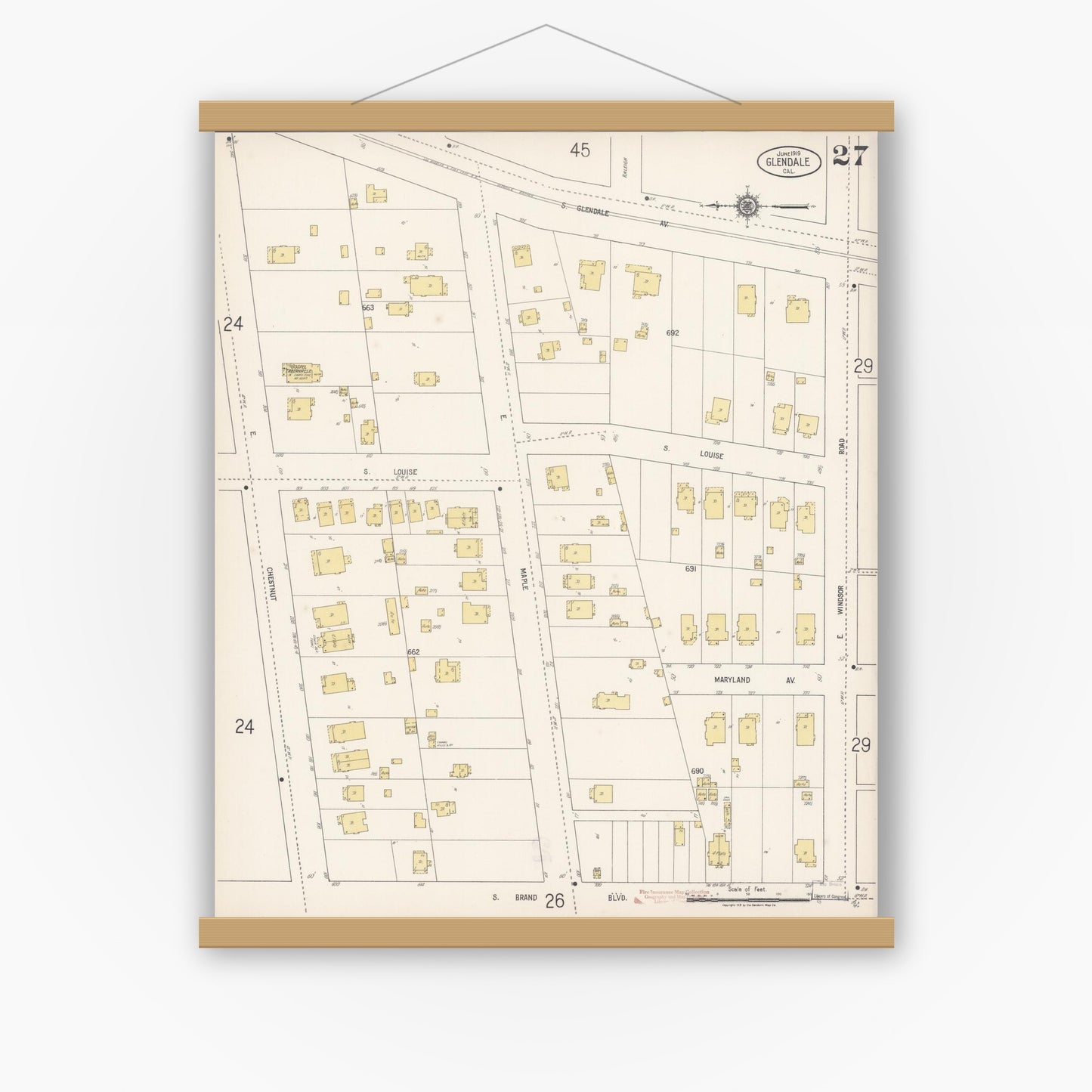 Old map wall art mockup — magnetic wood frame on white wall — Sanborn Fire Insurance Map from Glendale, Los Angeles County, California (1919), Sheet #0027