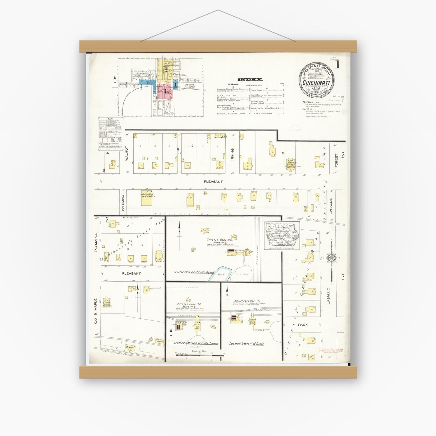 Old map wall art mockup — magnetic wood frame on white wall — Sanborn Fire Insurance Map from Cincinnati, Appanoose County, Iowa (1913), Sheet #0001