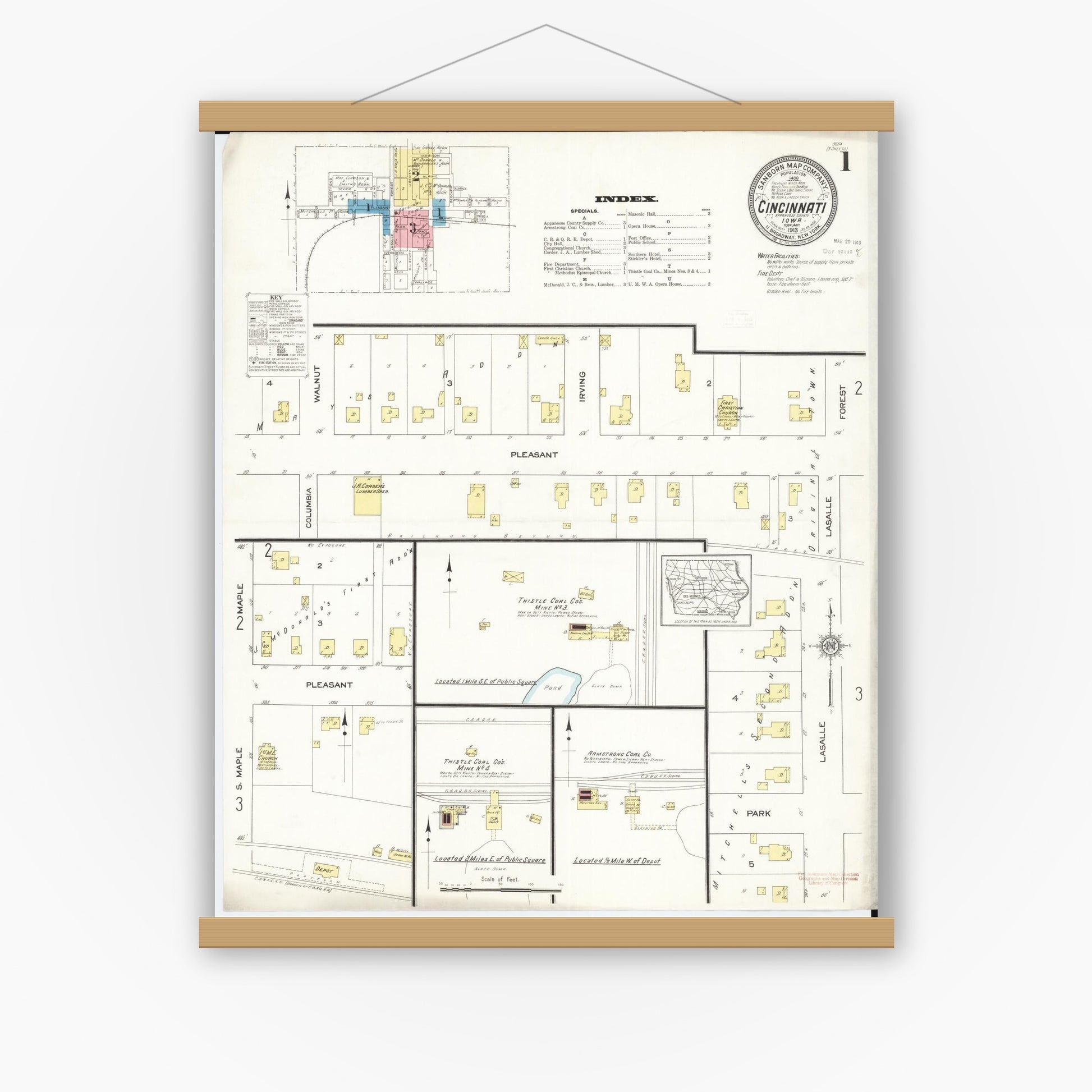 Old map wall art mockup — magnetic wood frame on white wall — Sanborn Fire Insurance Map from Cincinnati, Appanoose County, Iowa (1913), Sheet #0001