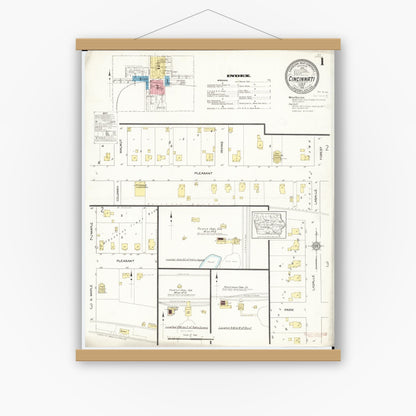 Old map wall art mockup — magnetic wood frame on white wall — Sanborn Fire Insurance Map from Cincinnati, Appanoose County, Iowa (1913), Sheet #0001