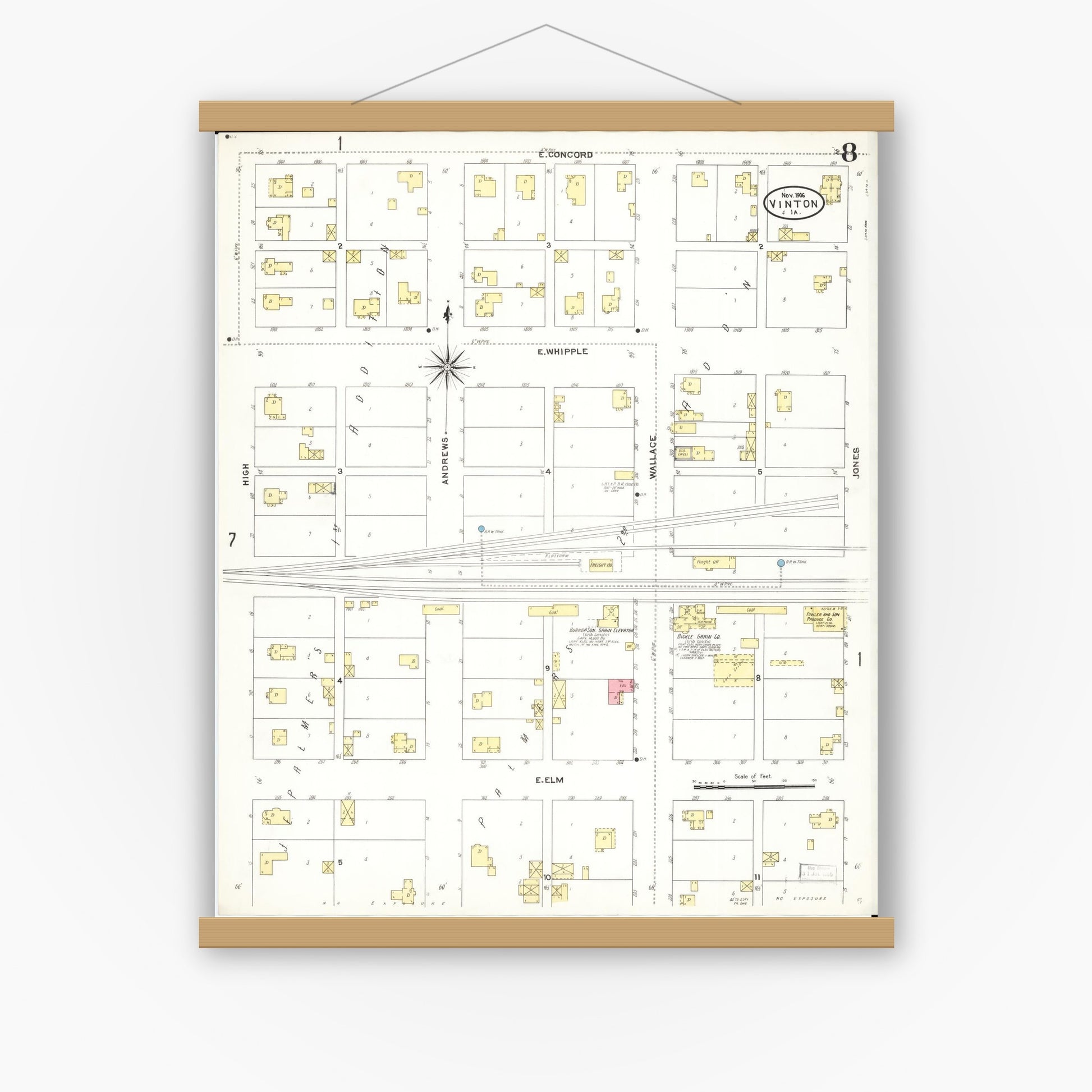 Old map wall art mockup — magnetic wood frame on white wall — Sanborn Fire Insurance Map from Vinton, Benton County, Iowa (1906), Sheet #0008