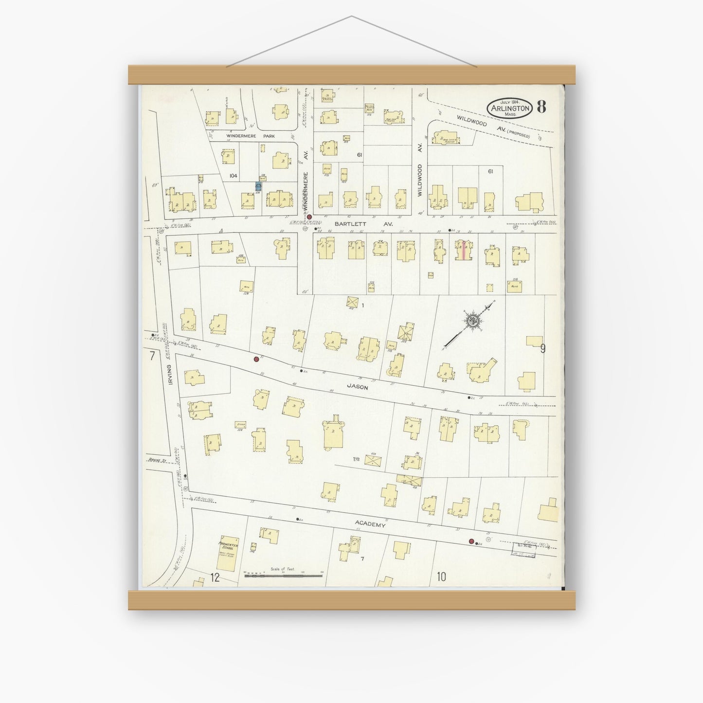 Old map wall art mockup — magnetic wood frame on white wall — Sanborn Fire Insurance Map from Arlington, Middlesex County, Massachusetts (1914), Sheet #0008