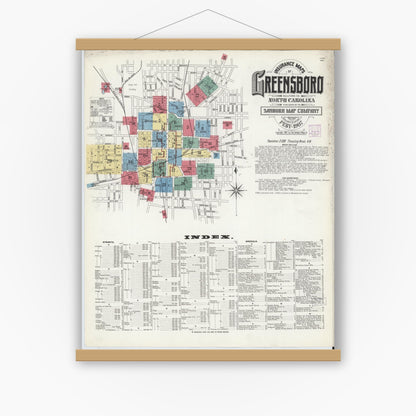 Old map wall art mockup — magnetic wood frame on white wall — Sanborn Fire Insurance Map from Greensboro, Guilford County, North Carolina (1907) - Complete Map Set
