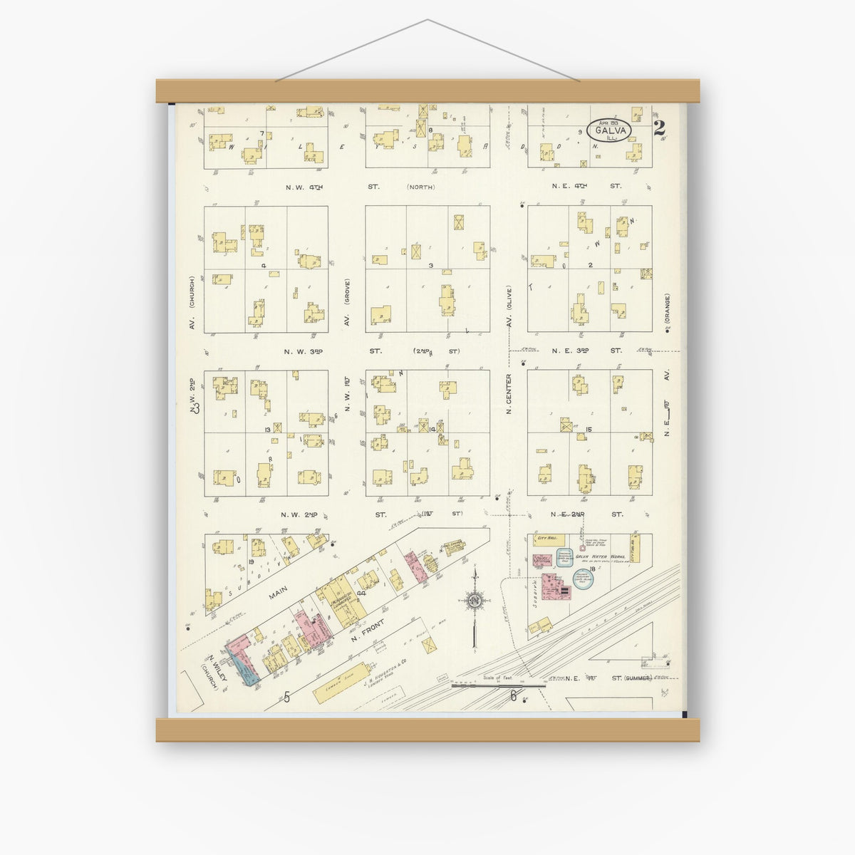 Old map wall art mockup — magnetic wood frame on white wall — Sanborn Fire Insurance Map from Galva, Henry County, Illinois (1913), Sheet #0002