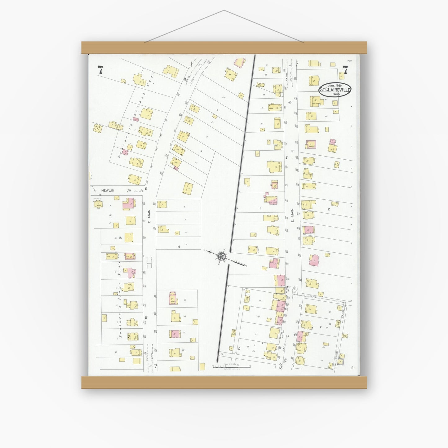Old map wall art mockup — magnetic wood frame on white wall — Sanborn Fire Insurance Map from Saint Clairsville, Belmont County, Ohio (1929), Sheet #0007