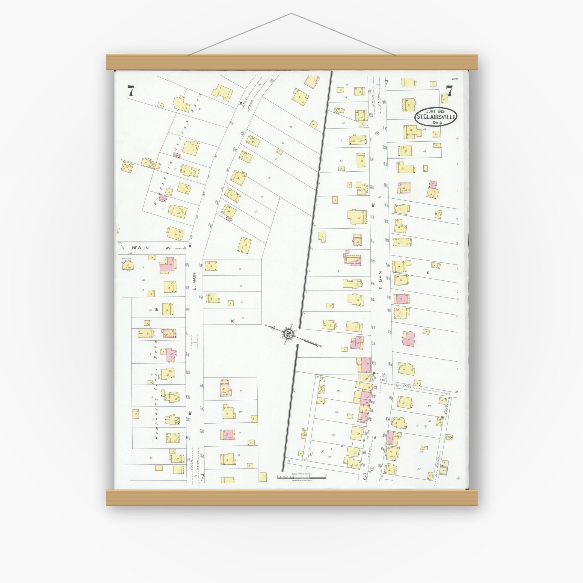 Old map wall art mockup — magnetic wood frame on white wall — Sanborn Fire Insurance Map from Saint Clairsville, Belmont County, Ohio (1929), Sheet #0007