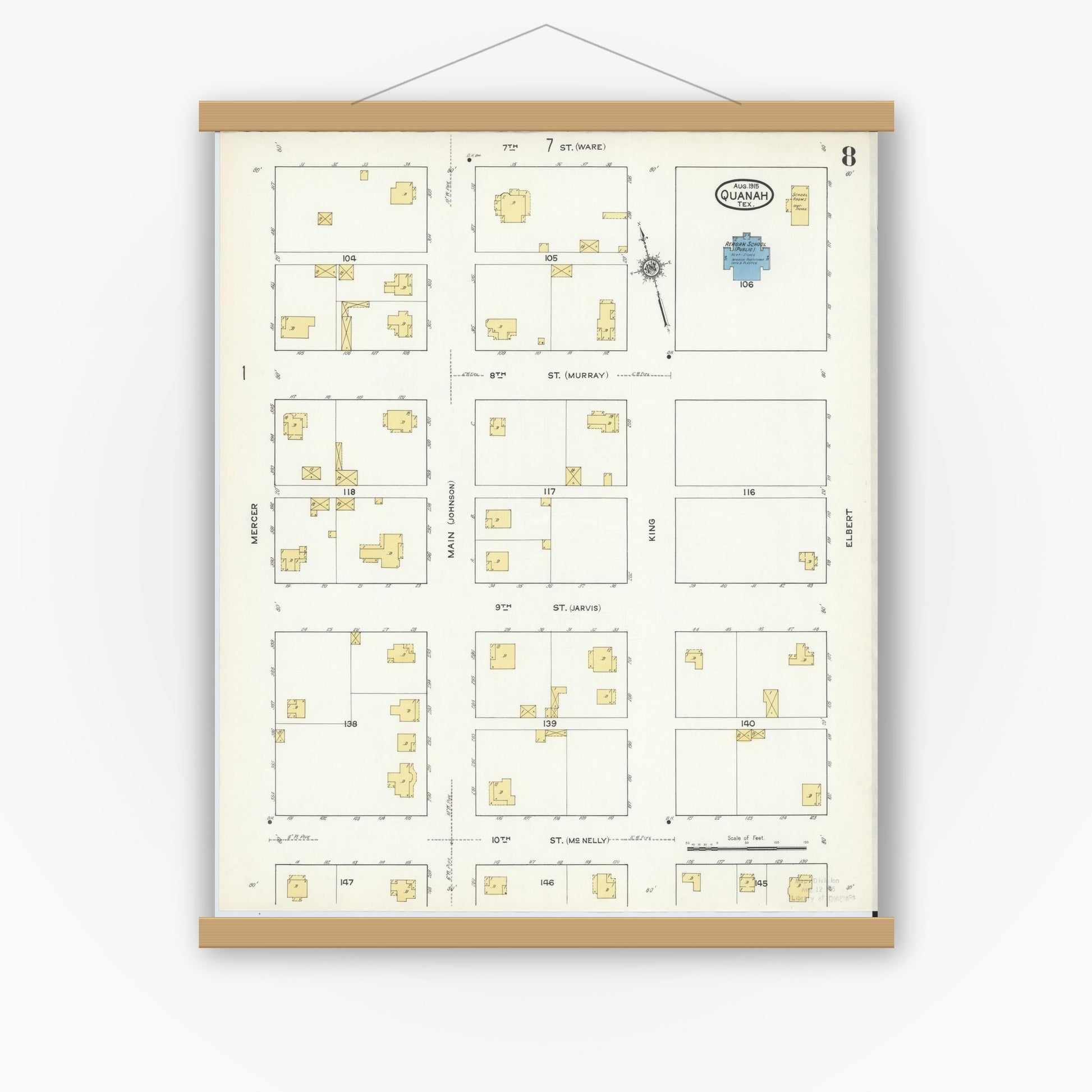 Old map wall art mockup — magnetic wood frame on white wall — Sanborn Fire Insurance Map from Quanah, Hardeman County, Texas (1915), Sheet #0008
