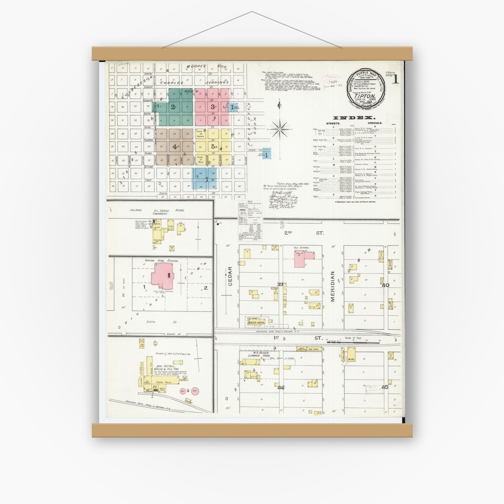 Old map wall art mockup — magnetic wood frame on white wall — Sanborn Fire Insurance Map from Tipton, Cedar County, Iowa (1893), Sheet #0001