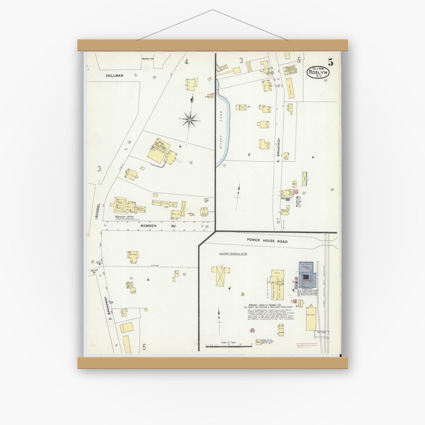 Old map wall art mockup — magnetic wood frame on white wall — Sanborn Fire Insurance Map from Roslyn, Nassau County, New York (1908), Sheet #0005