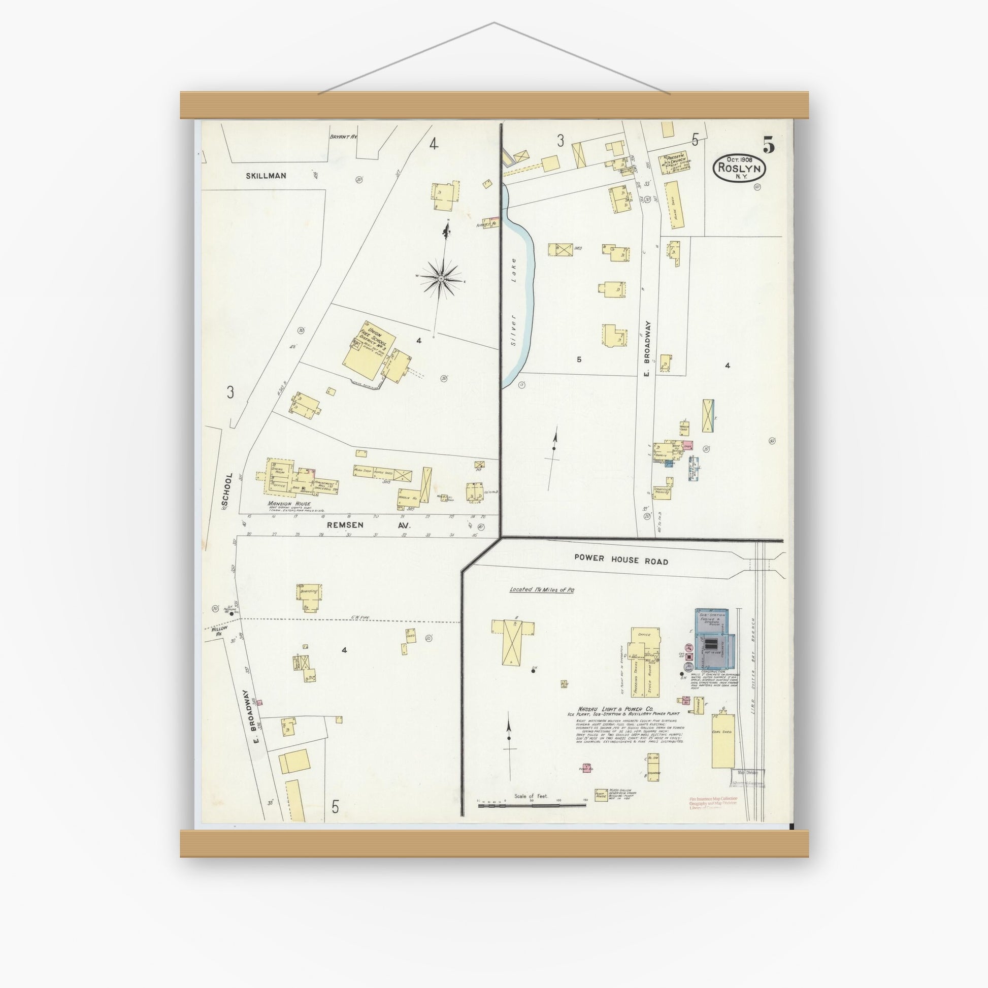 Old map wall art mockup — magnetic wood frame on white wall — Sanborn Fire Insurance Map from Roslyn, Nassau County, New York (1908), Sheet #0005