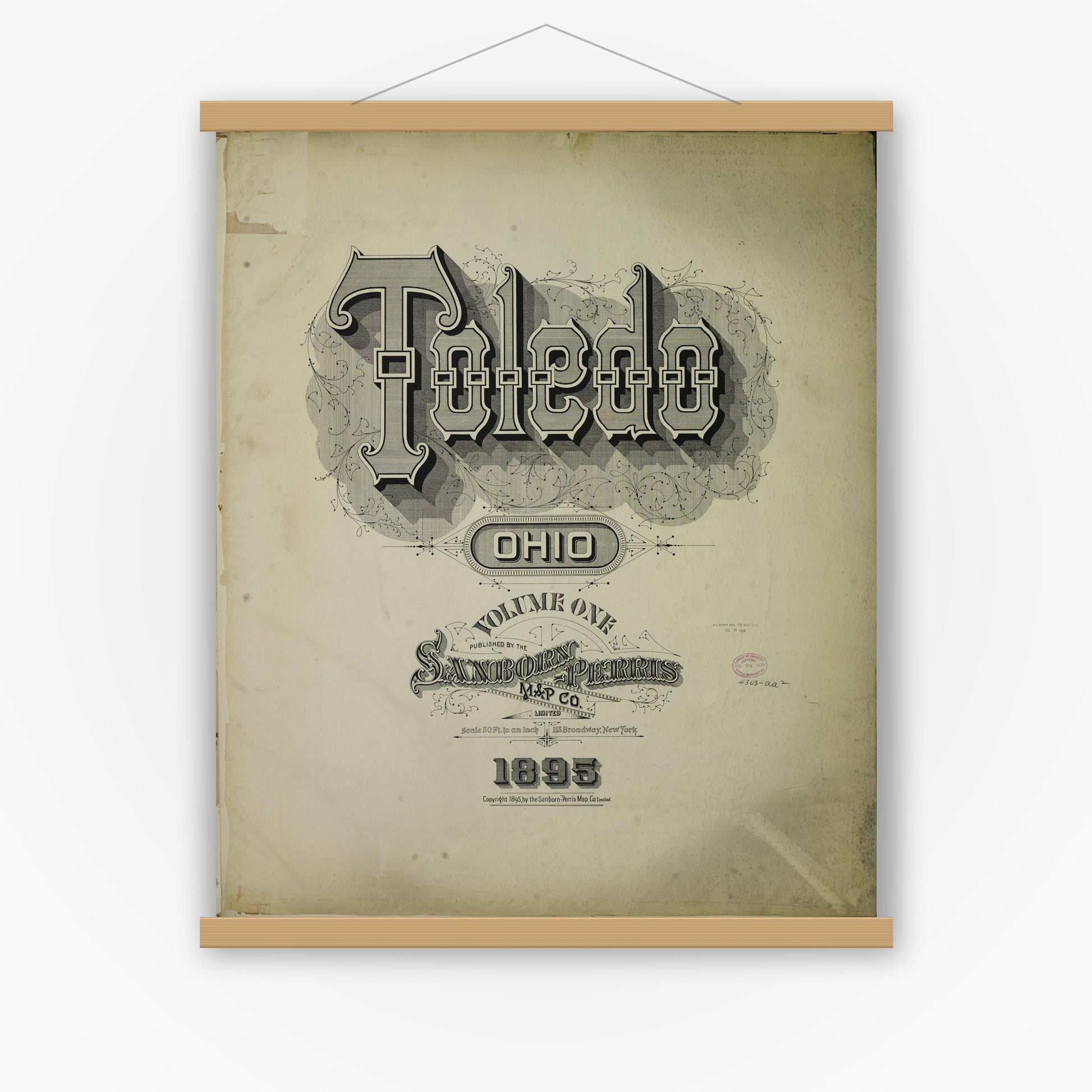 Old map wall art mockup — magnetic wood frame on white wall — Sanborn Fire Insurance Map from Toledo, Lucas County, Ohio (1895), Sheet #0001