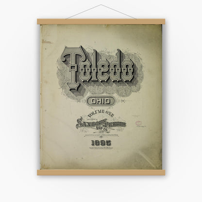 Old map wall art mockup — magnetic wood frame on white wall — Sanborn Fire Insurance Map from Toledo, Lucas County, Ohio (1895), Sheet #0001