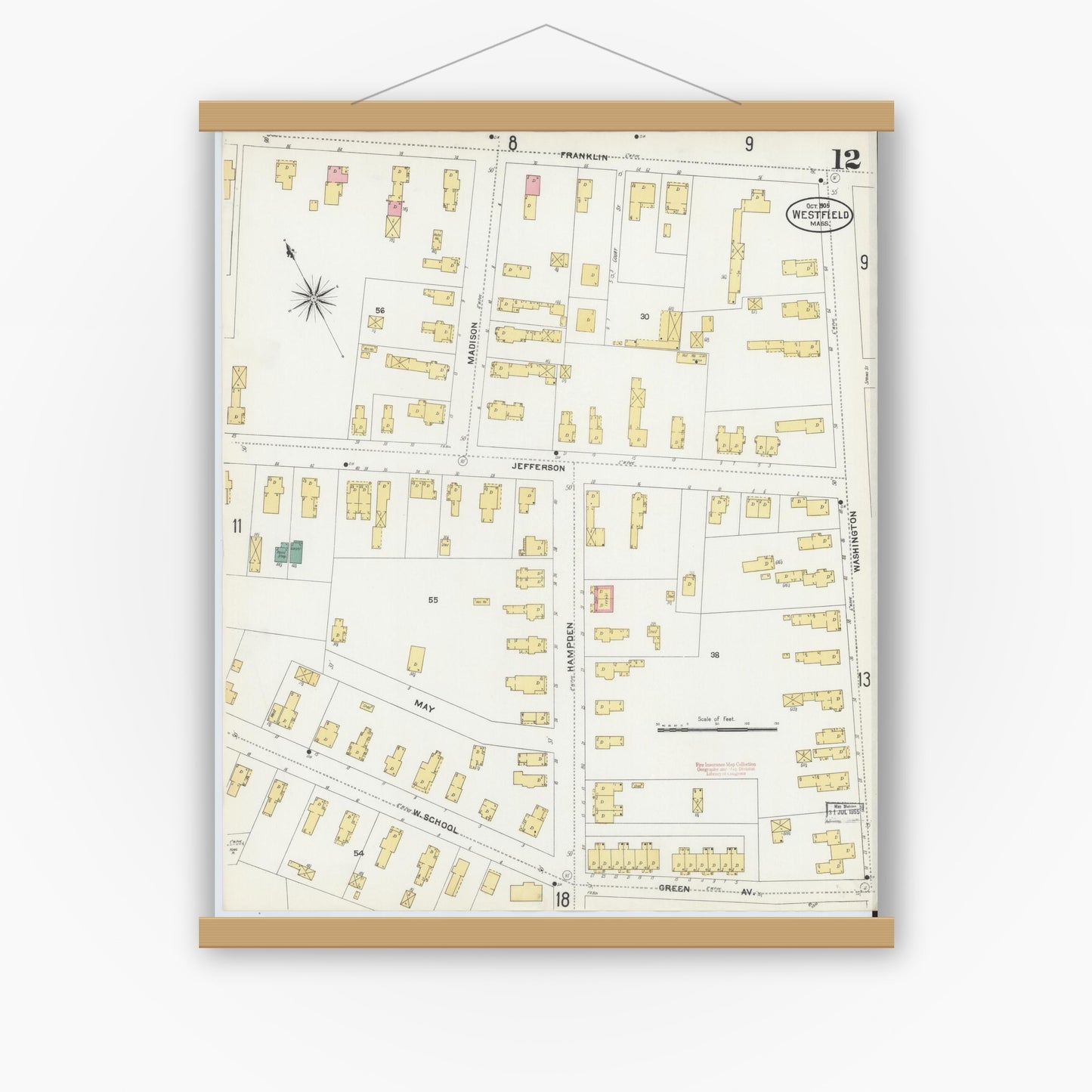 Old map wall art mockup — magnetic wood frame on white wall — Sanborn Fire Insurance Map from Westfield, Hampden County, Massachusetts (1905), Sheet #0012