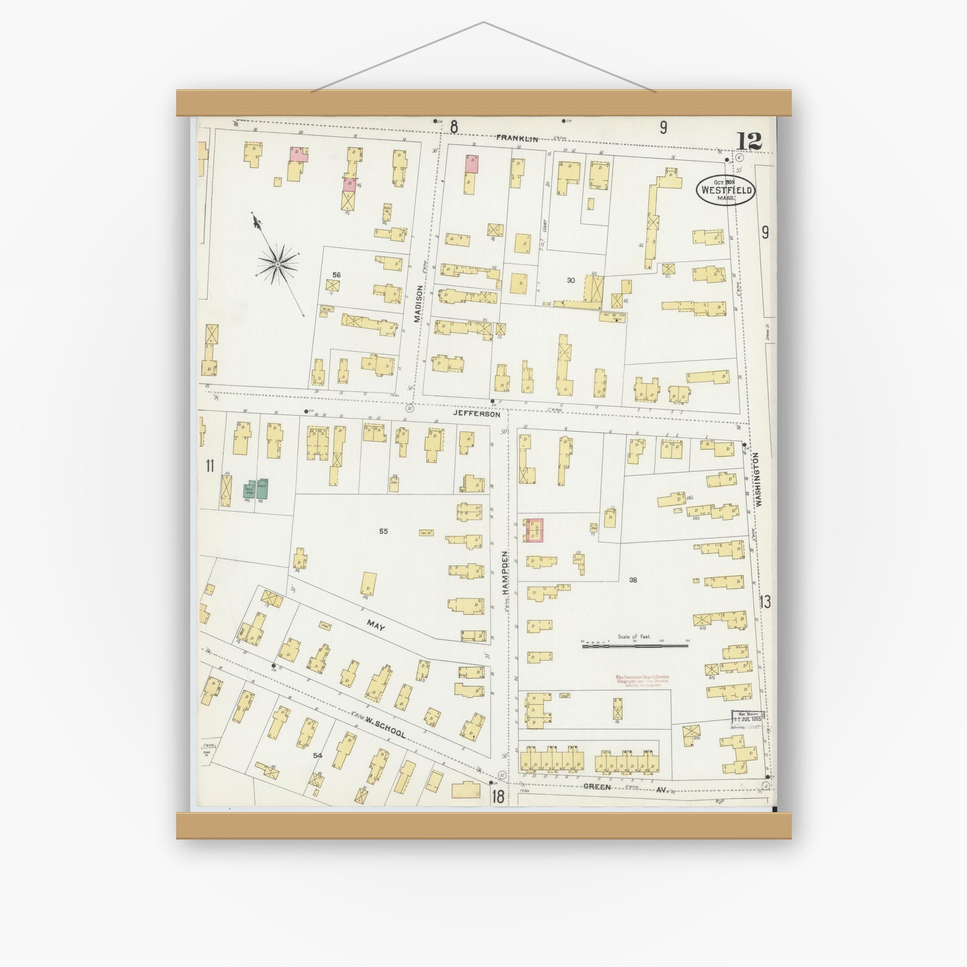 Old map wall art mockup — magnetic wood frame on white wall — Sanborn Fire Insurance Map from Westfield, Hampden County, Massachusetts (1905), Sheet #0012