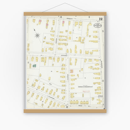 Old map wall art mockup — magnetic wood frame on white wall — Sanborn Fire Insurance Map from Westfield, Hampden County, Massachusetts (1905), Sheet #0012