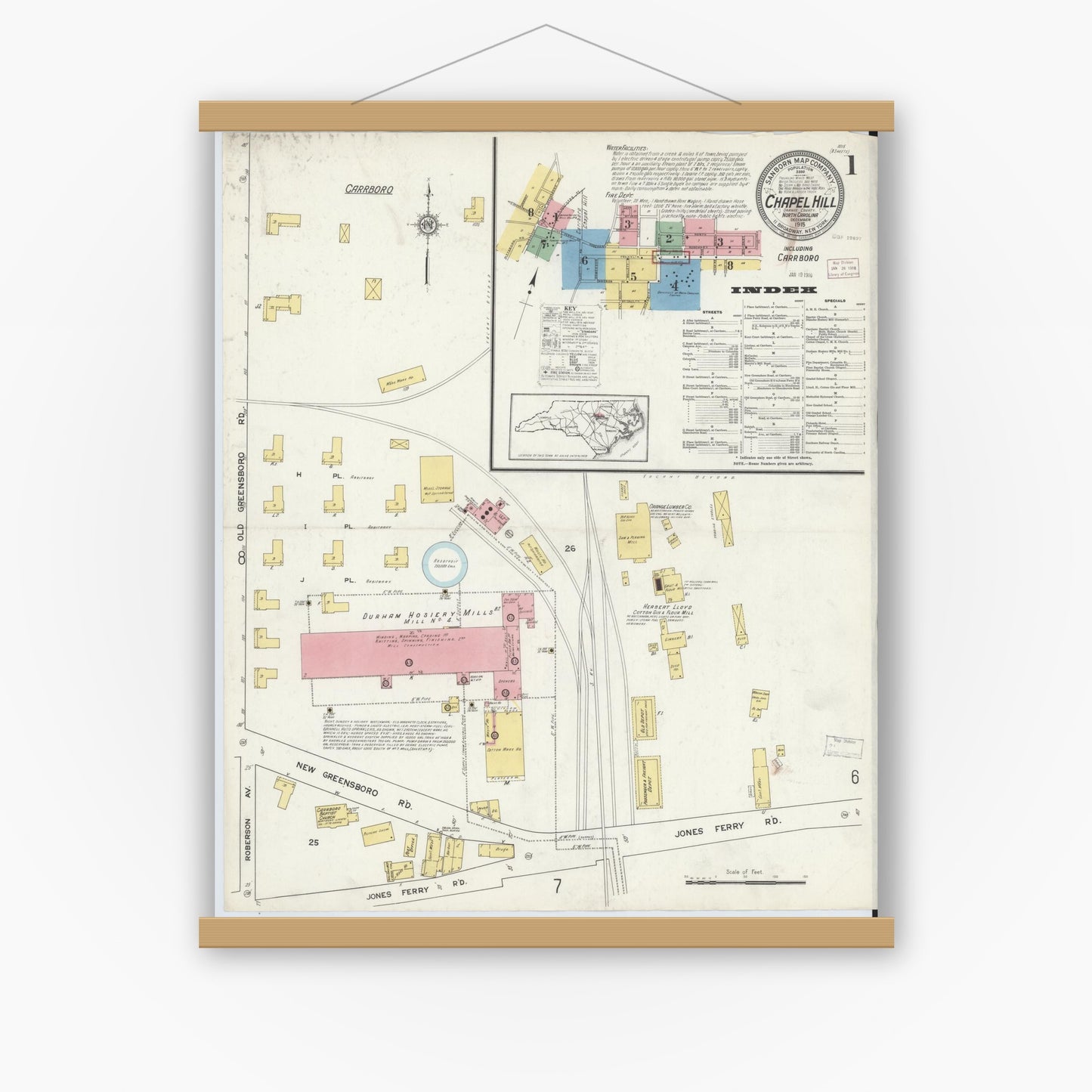 Old map wall art mockup — magnetic wood frame on white wall — Sanborn Fire Insurance Map from Chapel Hill, Orange County, North Carolina (1915), Sheet #0001
